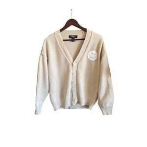 Forever 21 Men Cream Smiley Face Knit Cardigan Sweater Large Tan Streetwear